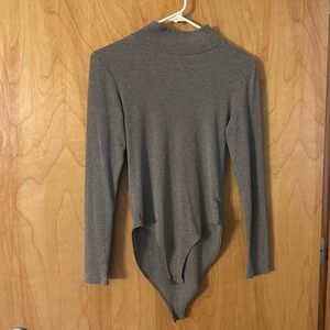 Mangopop Gray Mock Neck Long Sleeve Ribbed Bodysuit